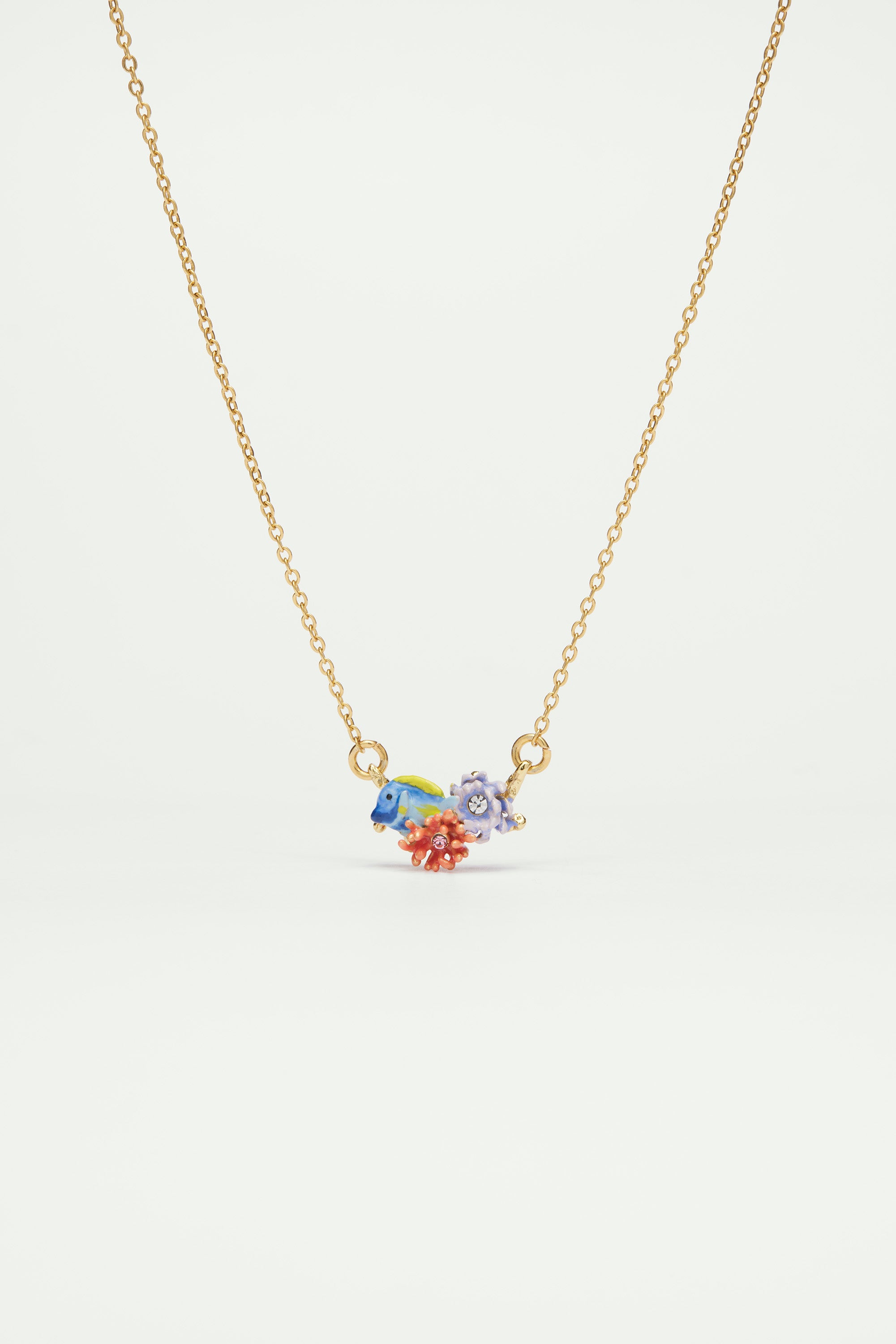 Blue fish and pink anemone pendant necklace
