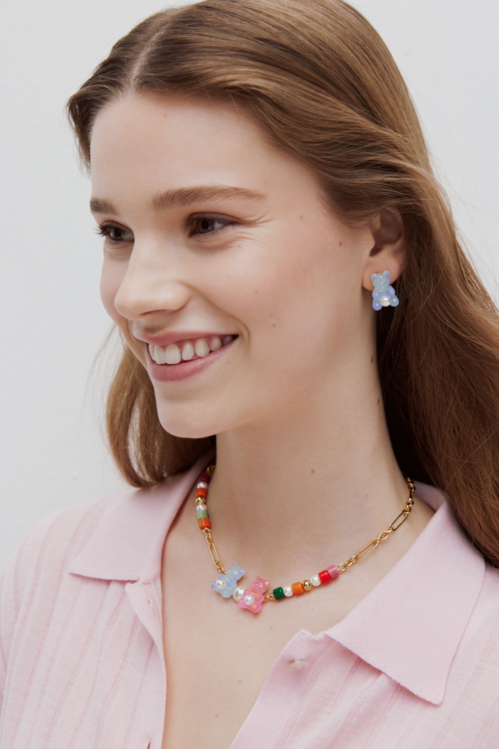 Blue teddy bear sweet, rose and white imitation pearl earrings
