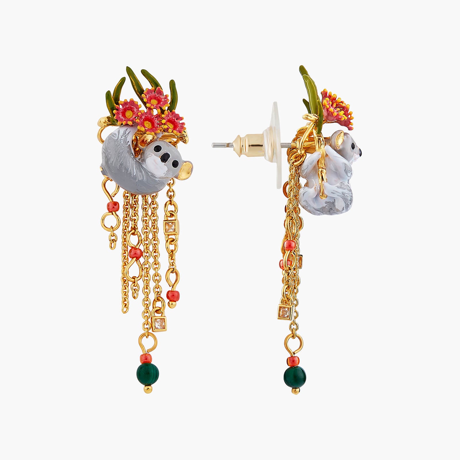 Duo of Koalas, Pink Eucalyptus and malachite beads sleeper earrings