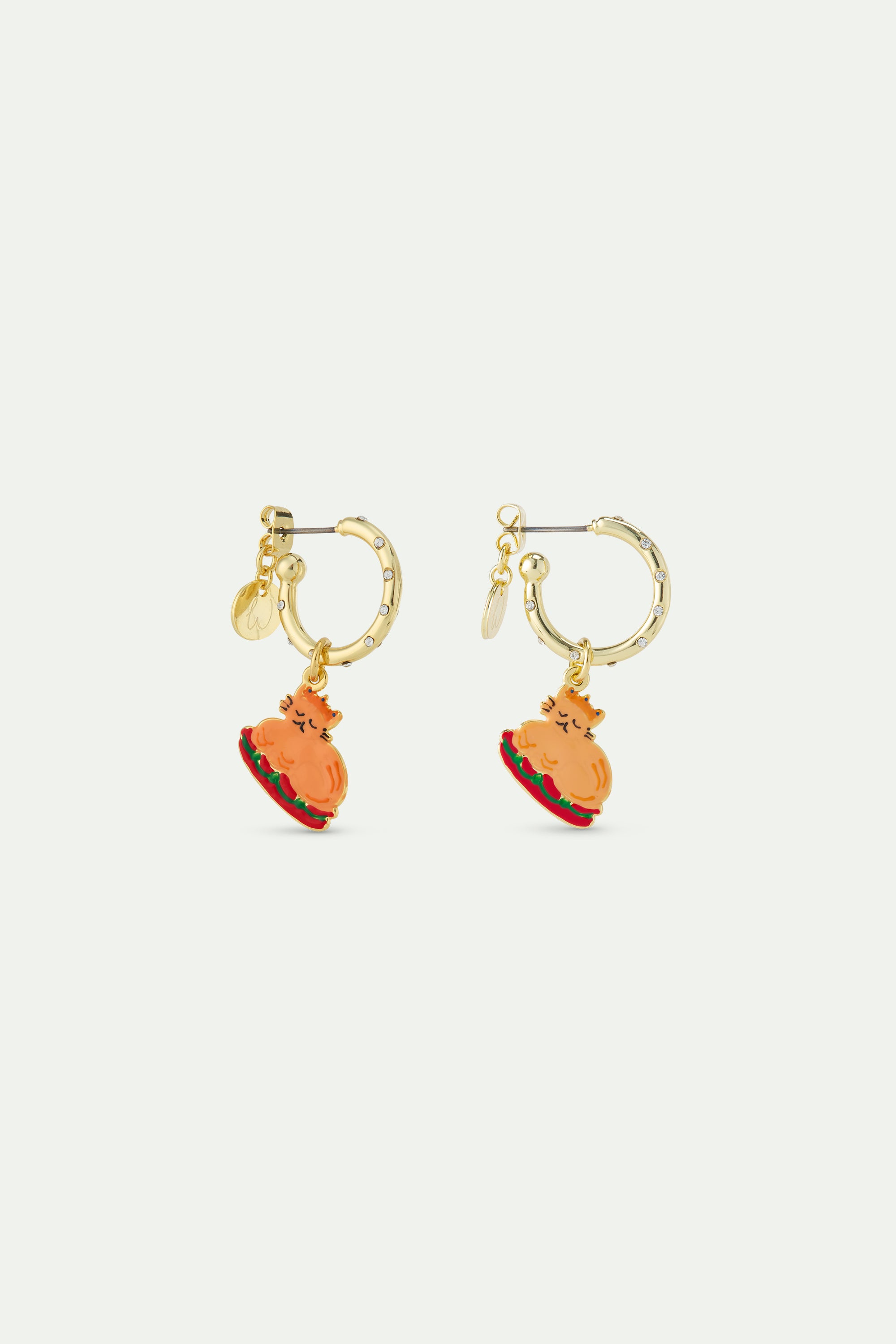 Christmas dinner and gold crown hoop earrings studded with white rhinestones