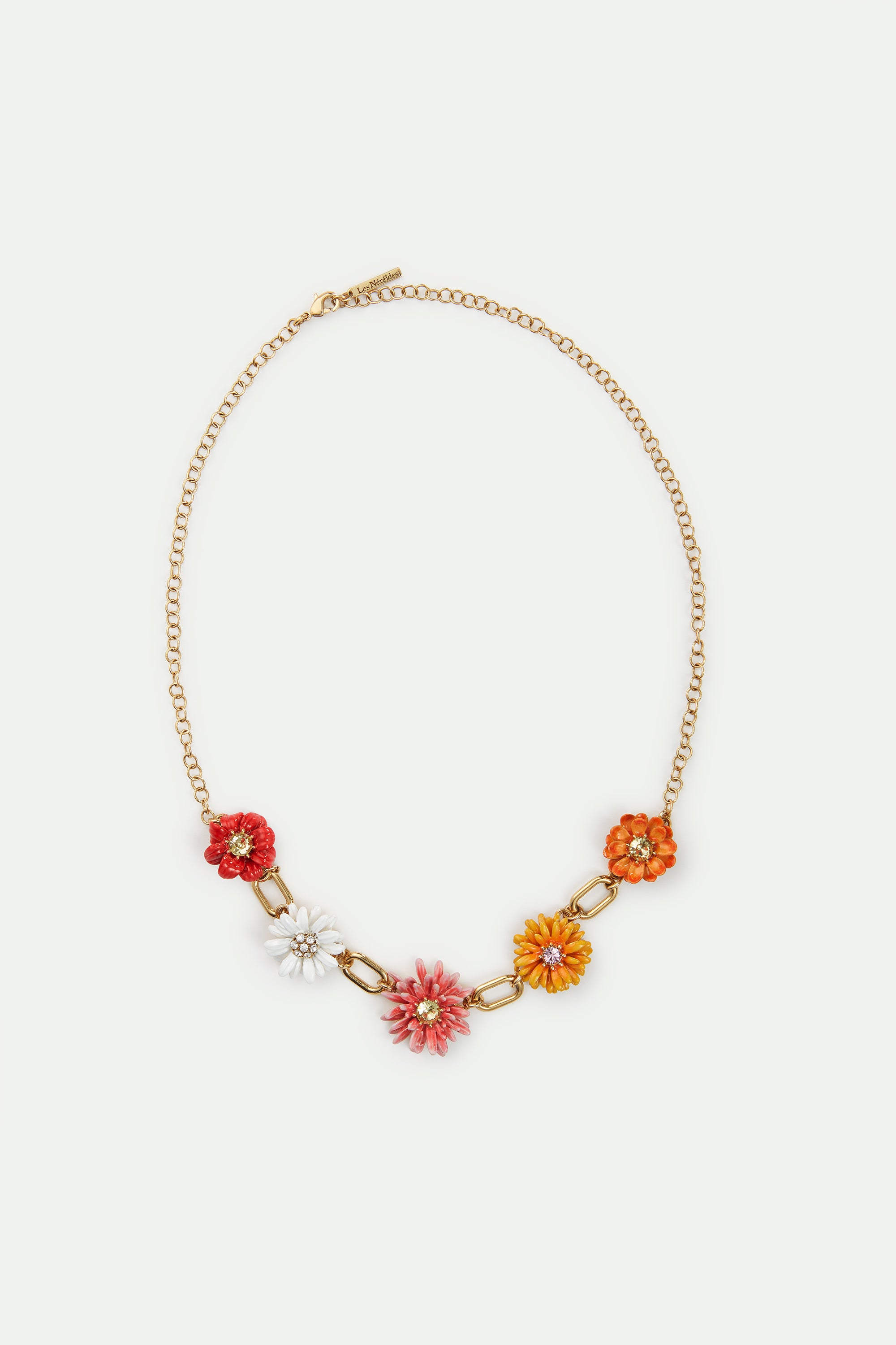 Gold link necklace with daisy and zinnia flowers