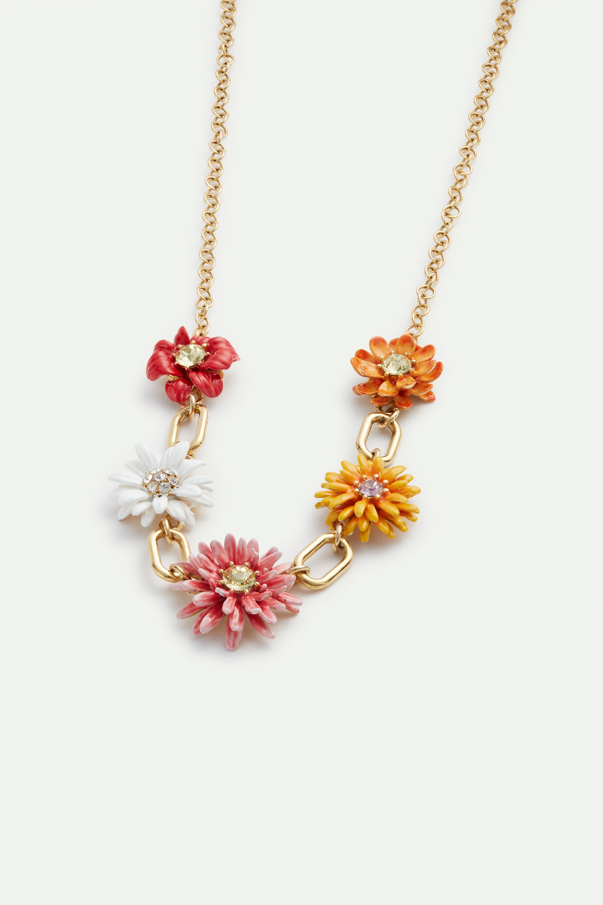 Gold link necklace with daisy and zinnia flowers