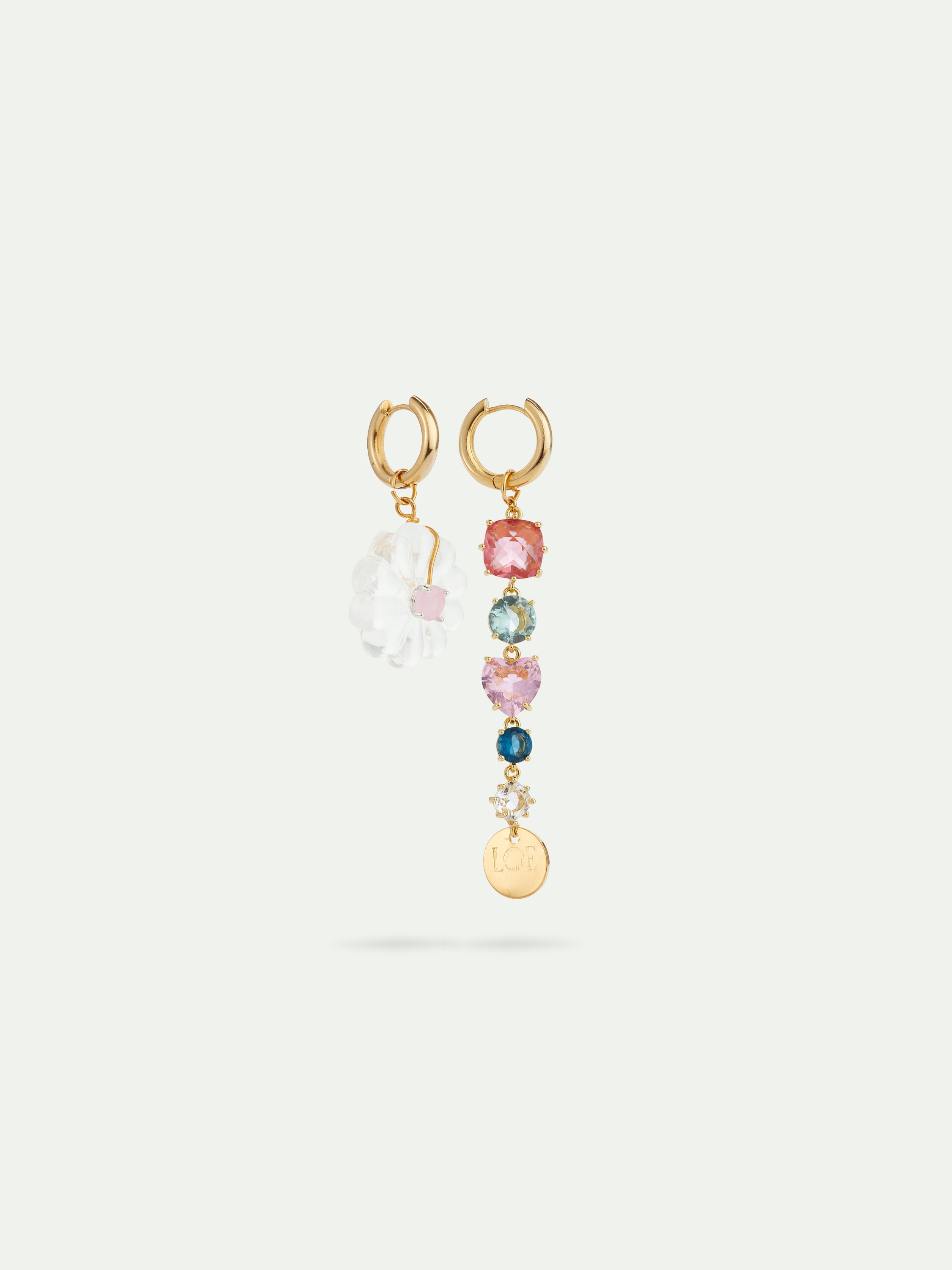 Asymmetrical faceted colourful stones and white flower hoop earrings