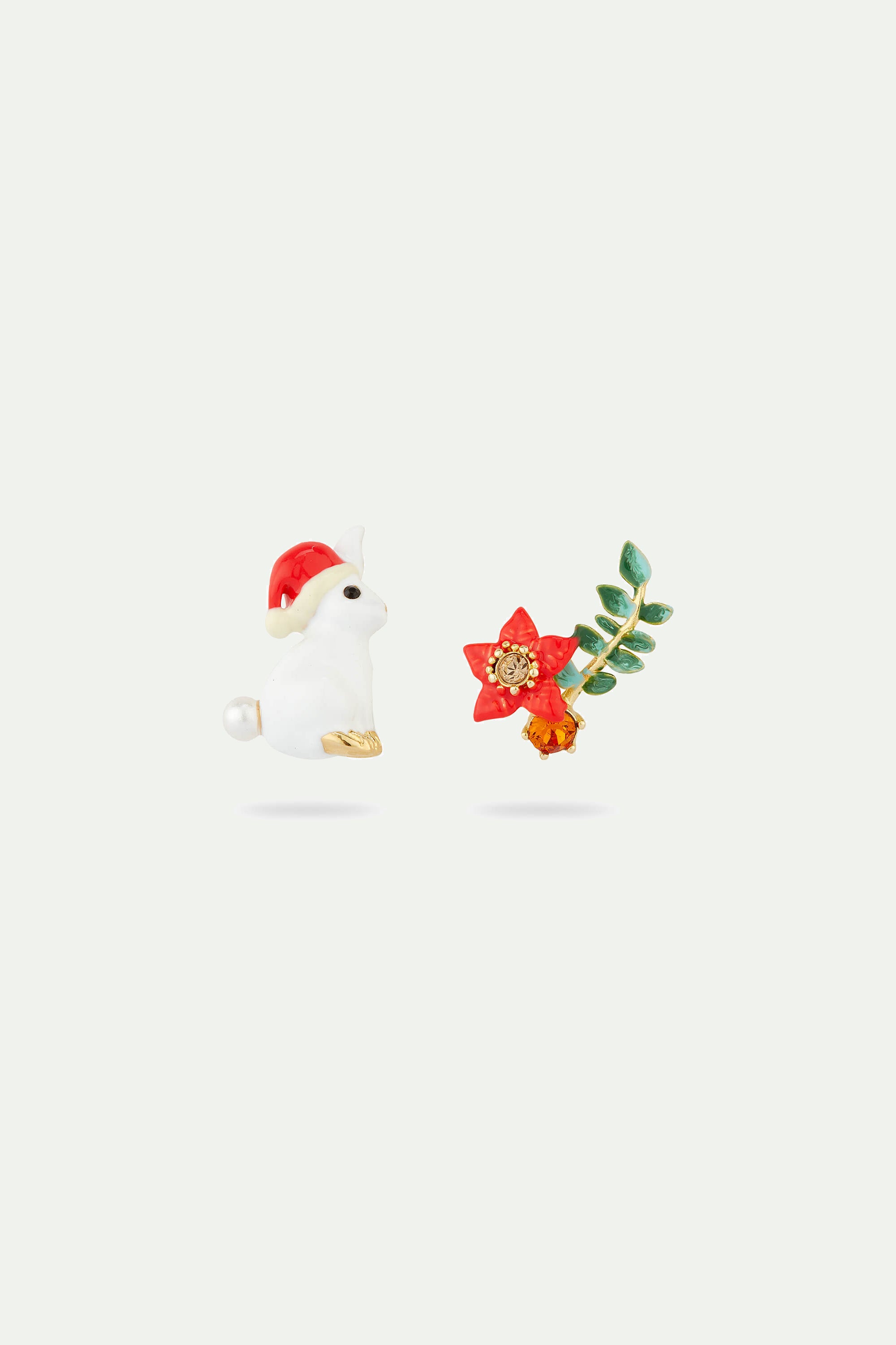 Rabbit and poinsettia asymmetrical post earrings
