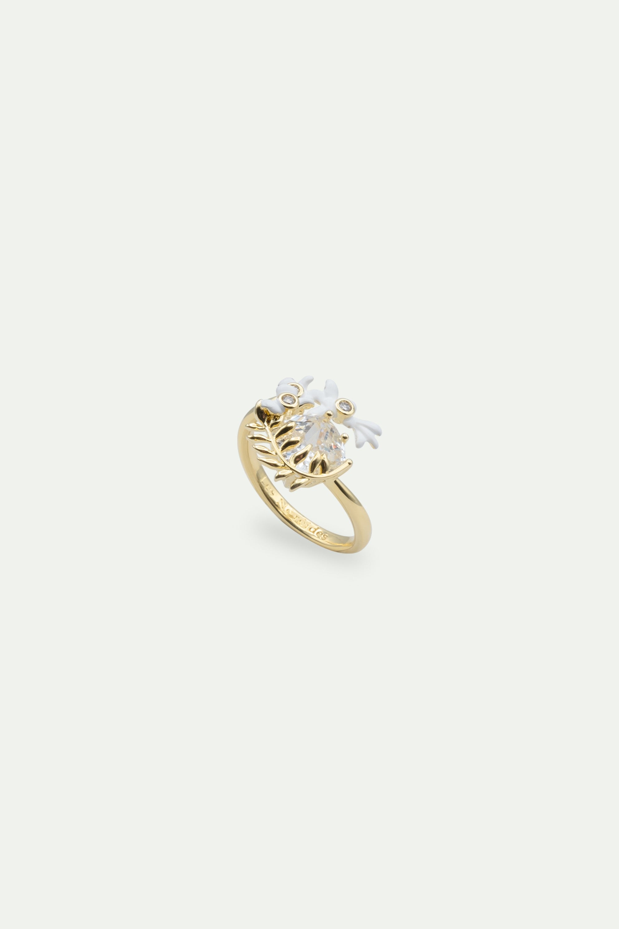 White wisteria, laurel and faceted stone adjustable ring