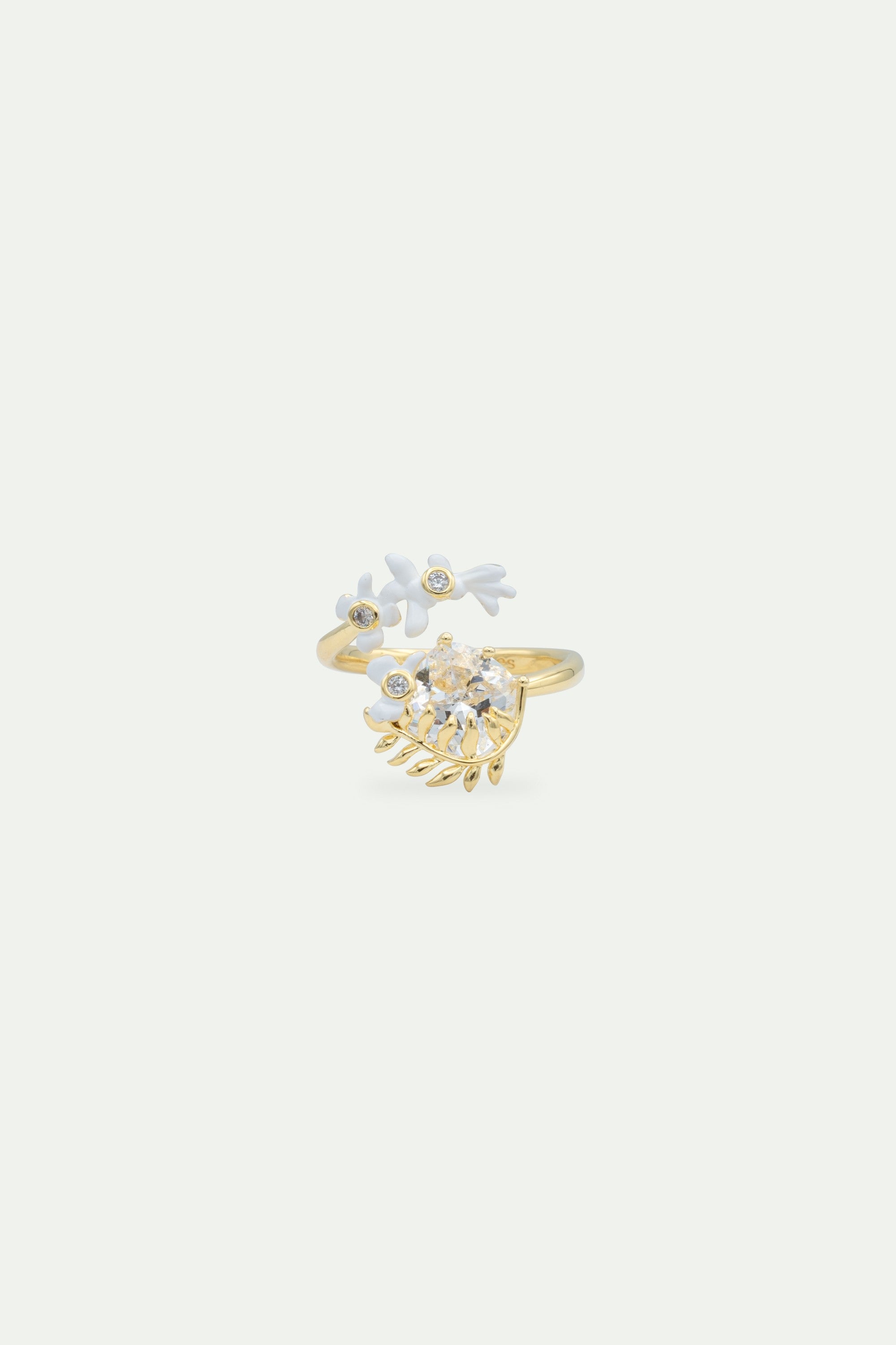 White wisteria, laurel and faceted stone adjustable ring