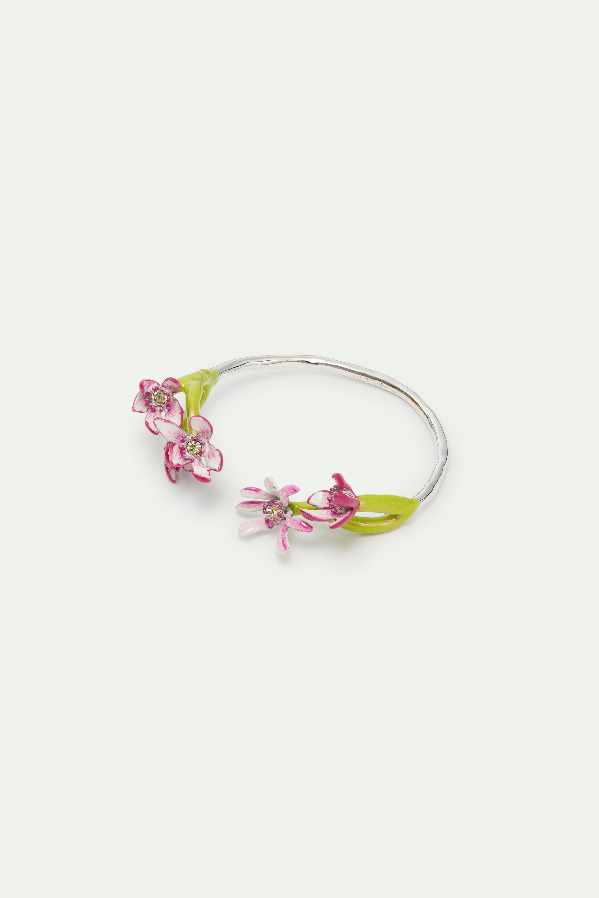 Fine silver cuff bracelet with pink magnolia flowers and crystals