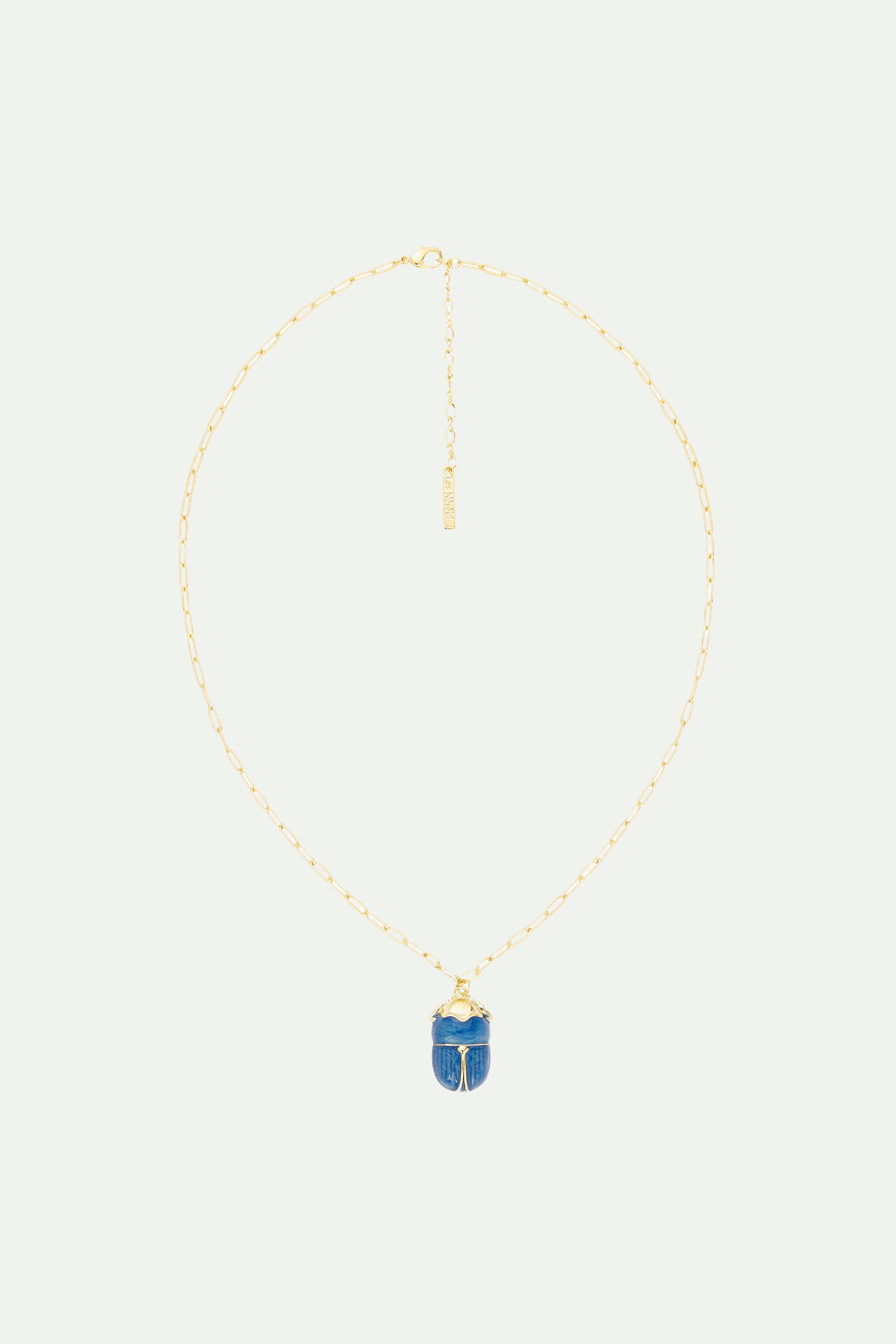 Blue scarab beetle and rectangle link chain necklace