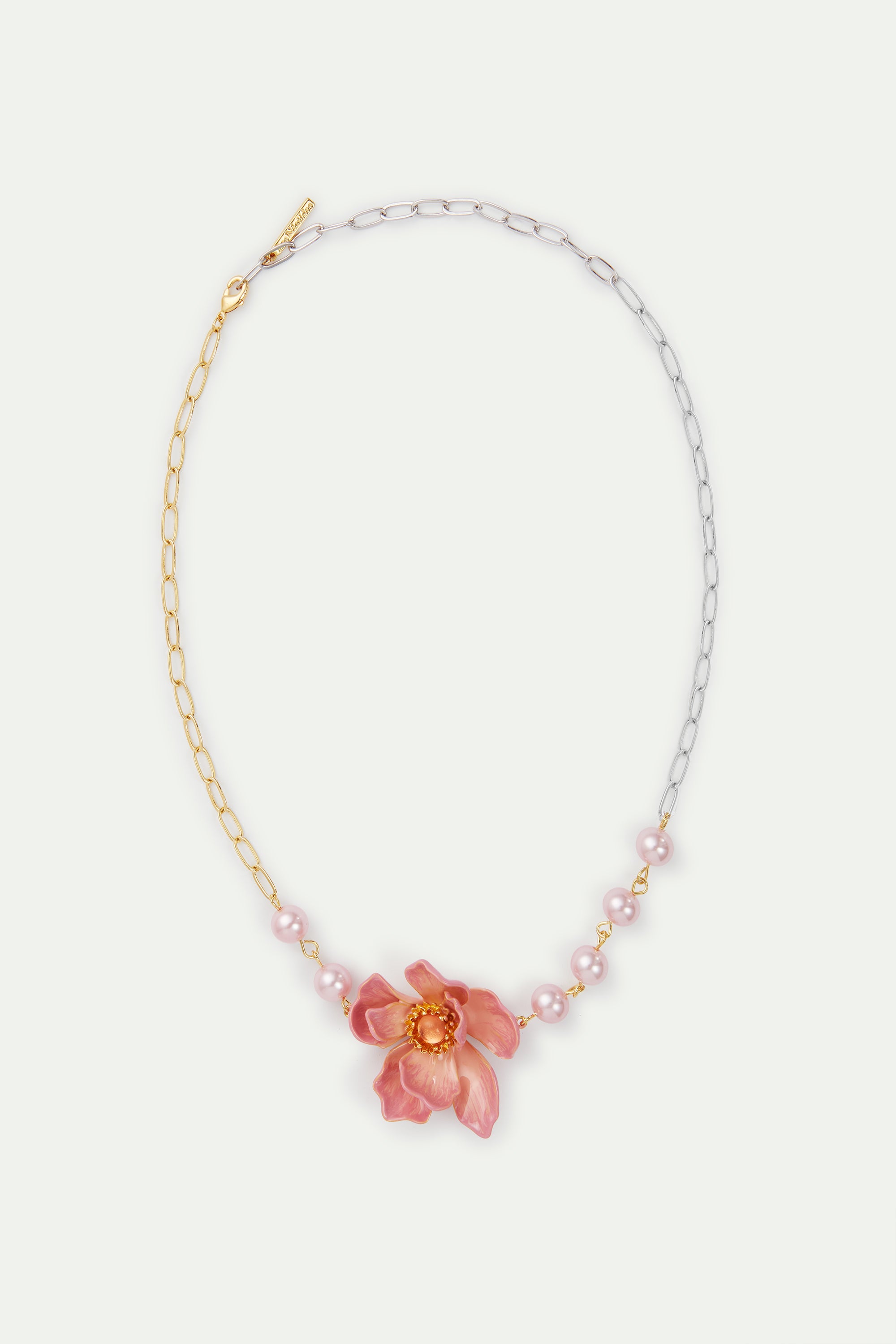 Two-tone chain, large pink magnolia flower and artificial pearl necklace