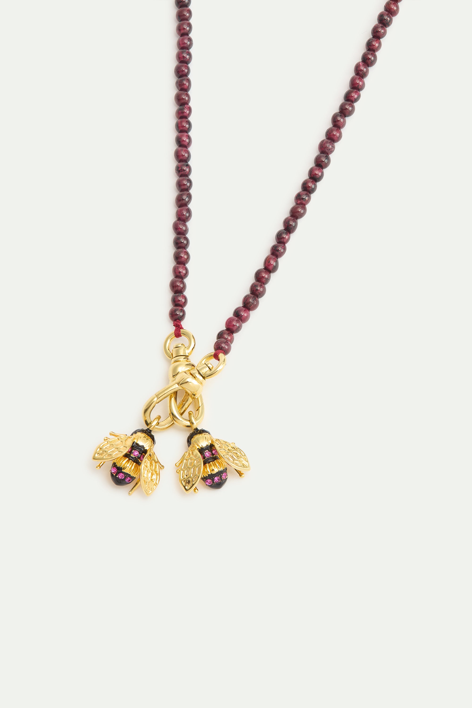 Necklace with garnet beads and gold bees