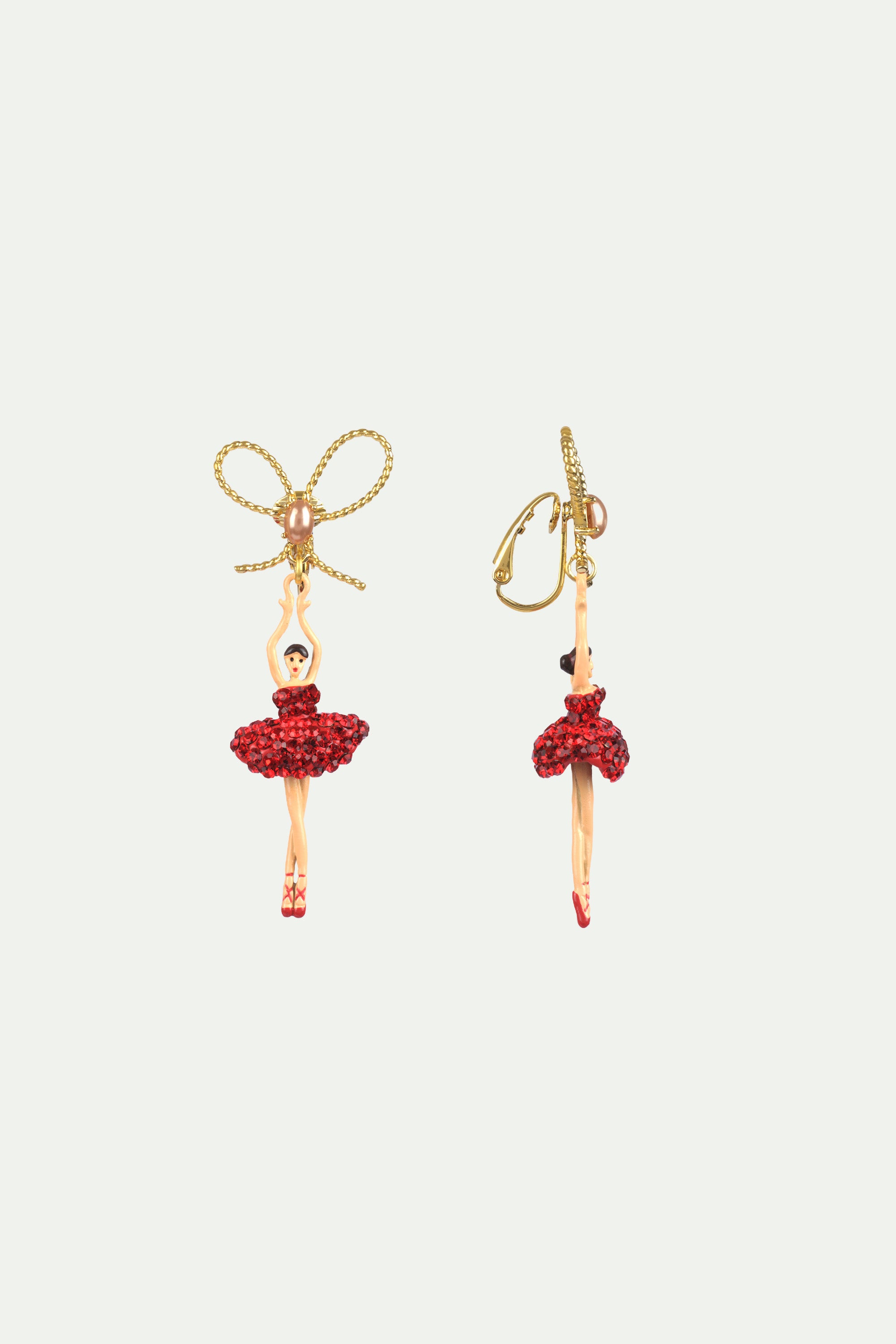 Asymmetrical Clip on earrings ballerina with tutu paved with red rhinestones