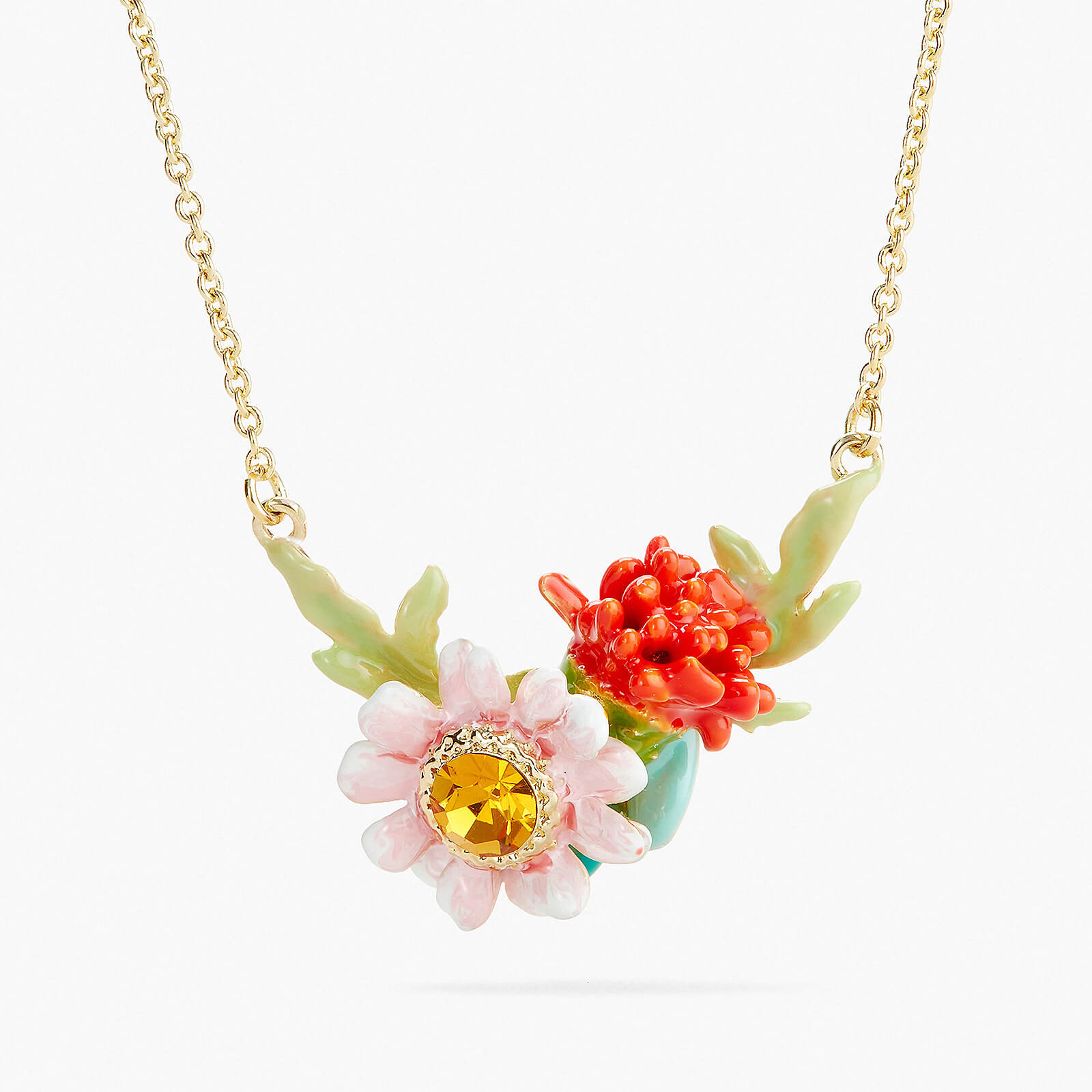 Red dahlia and pink meadow flower pendant necklace