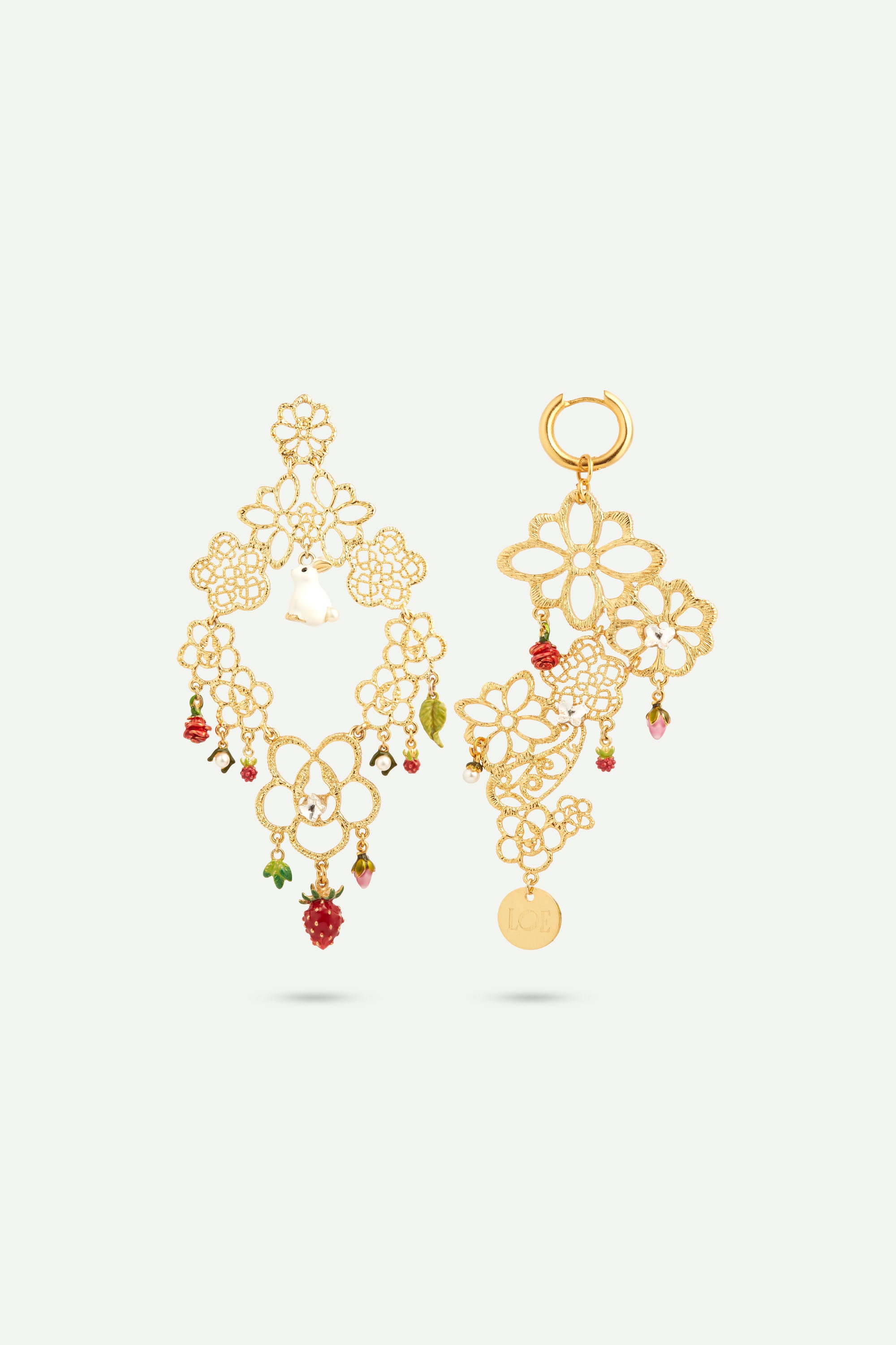 Asymmetrical lace, rabbit and strawberry post earrings