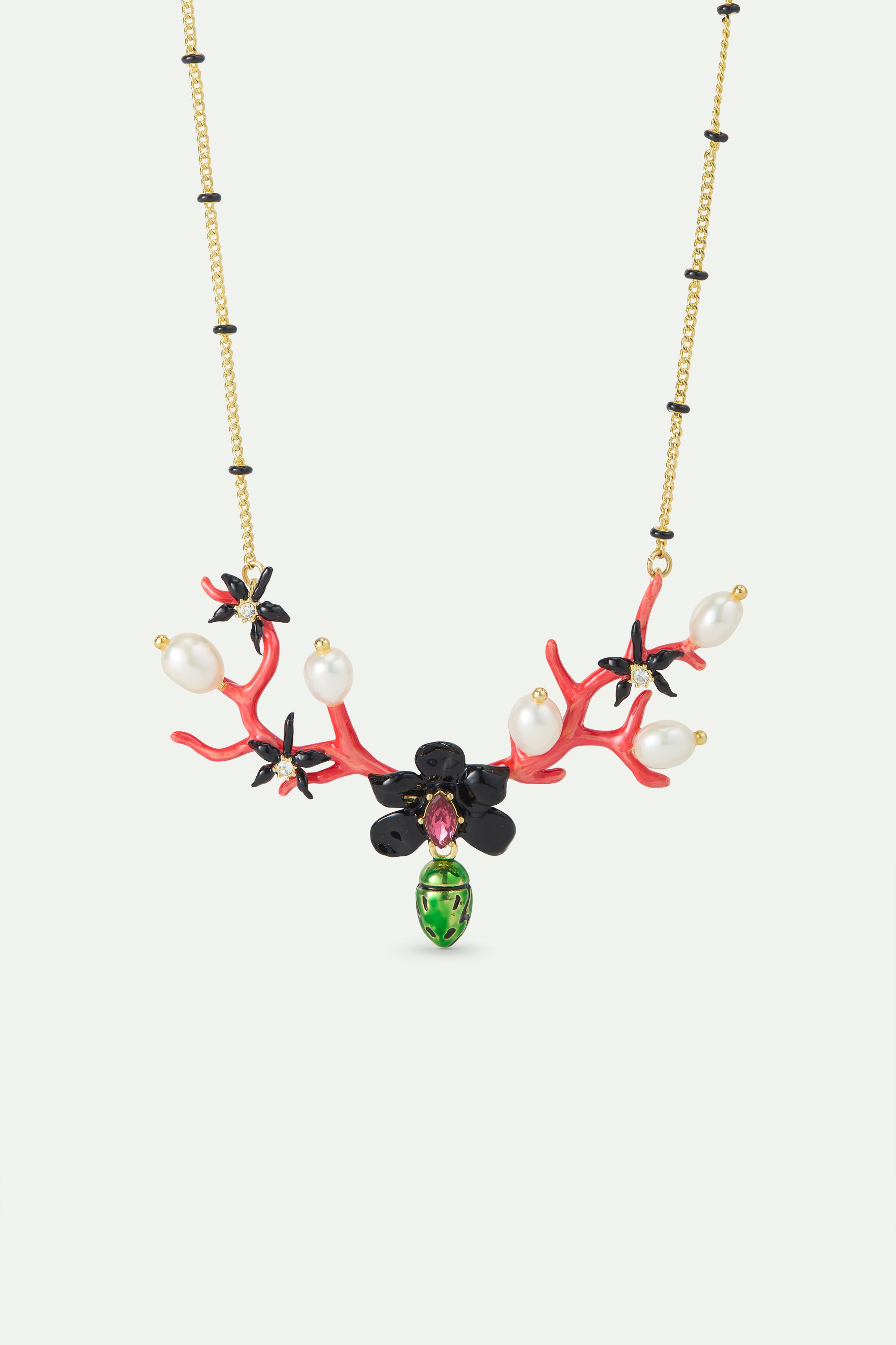 Statement necklace with black orchid, red coral, dangling green rose chafer and cultured pearls