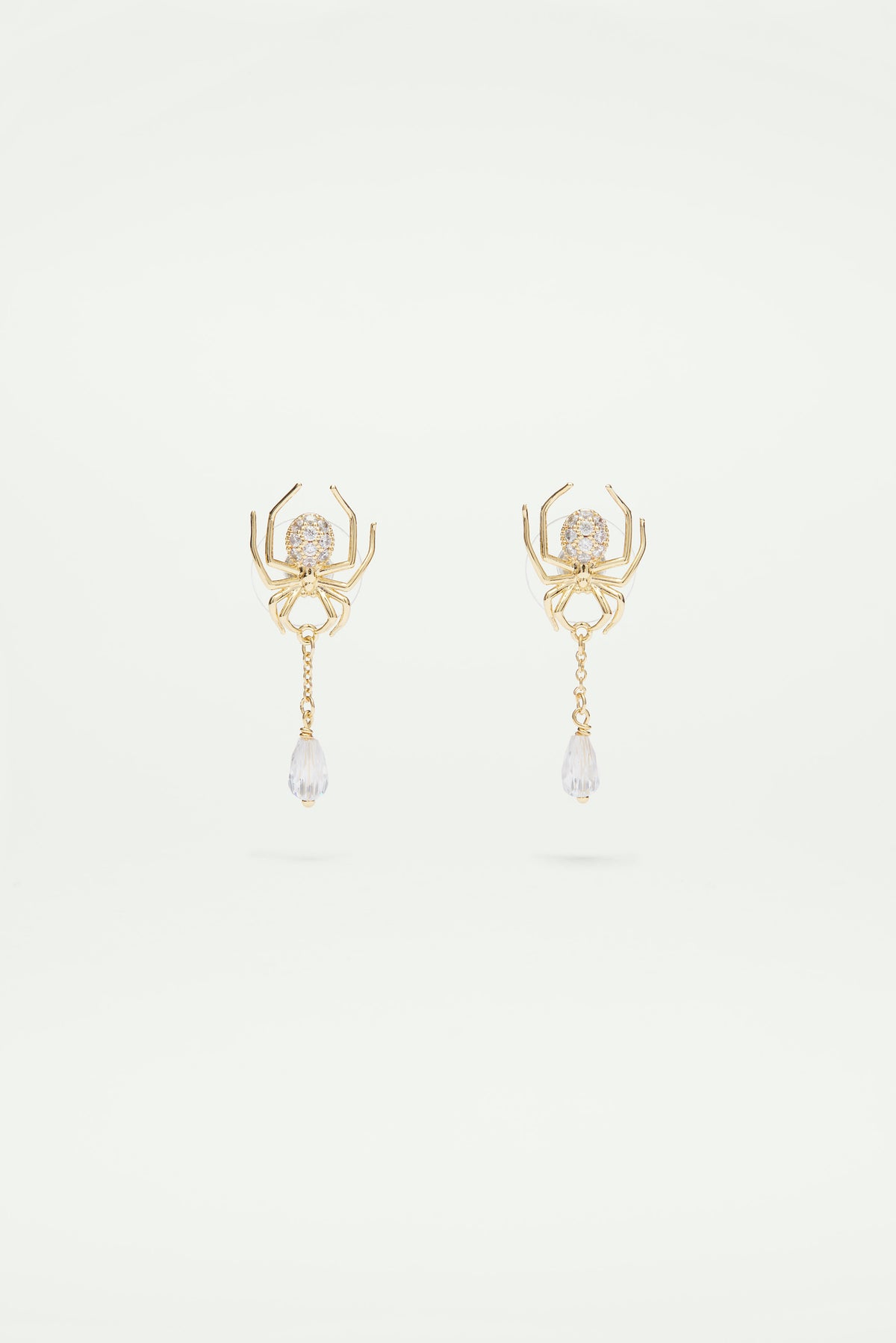 Golden spider and cut glass dangling earrings
