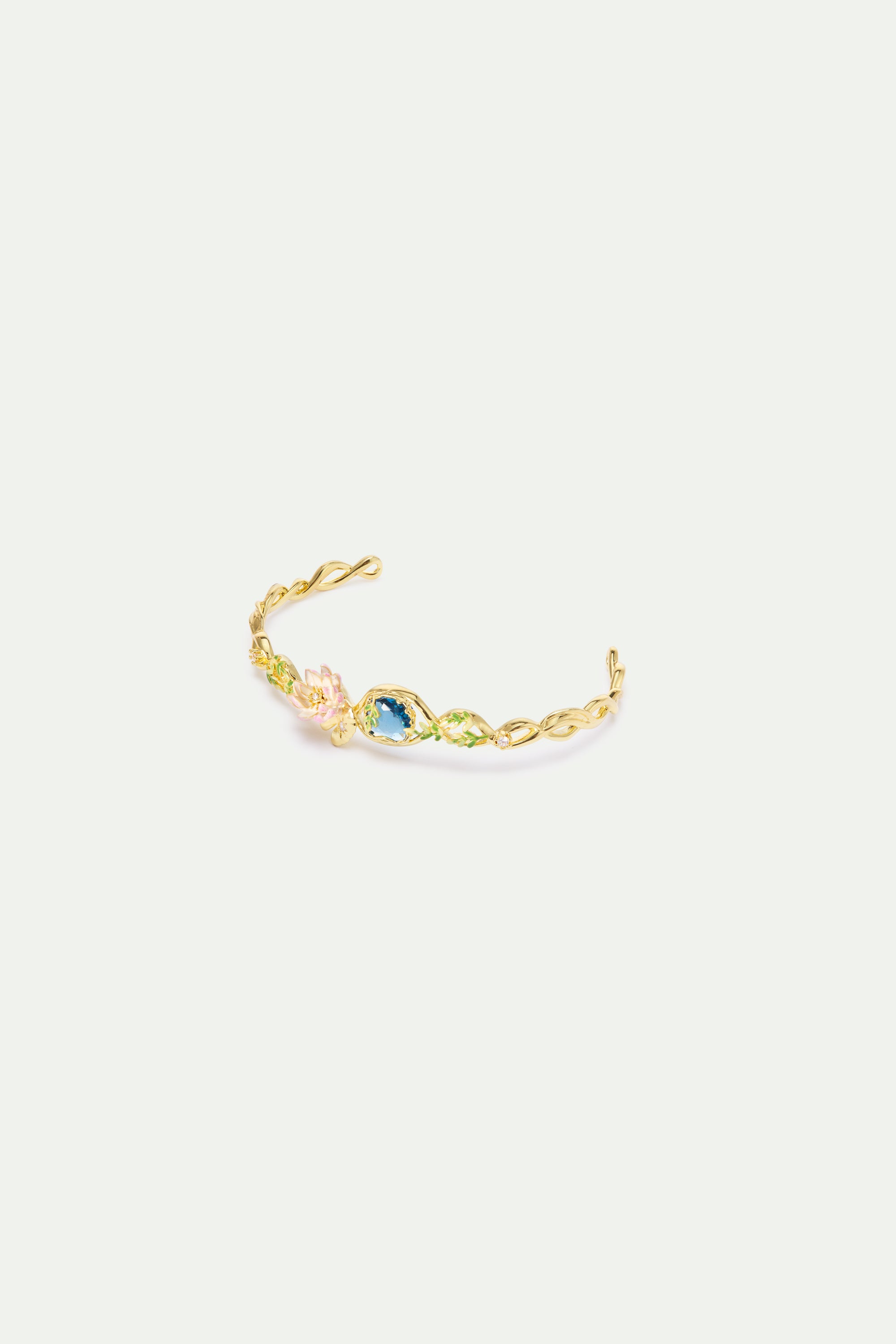 Pink water lily and round blue stone cuff bracelet