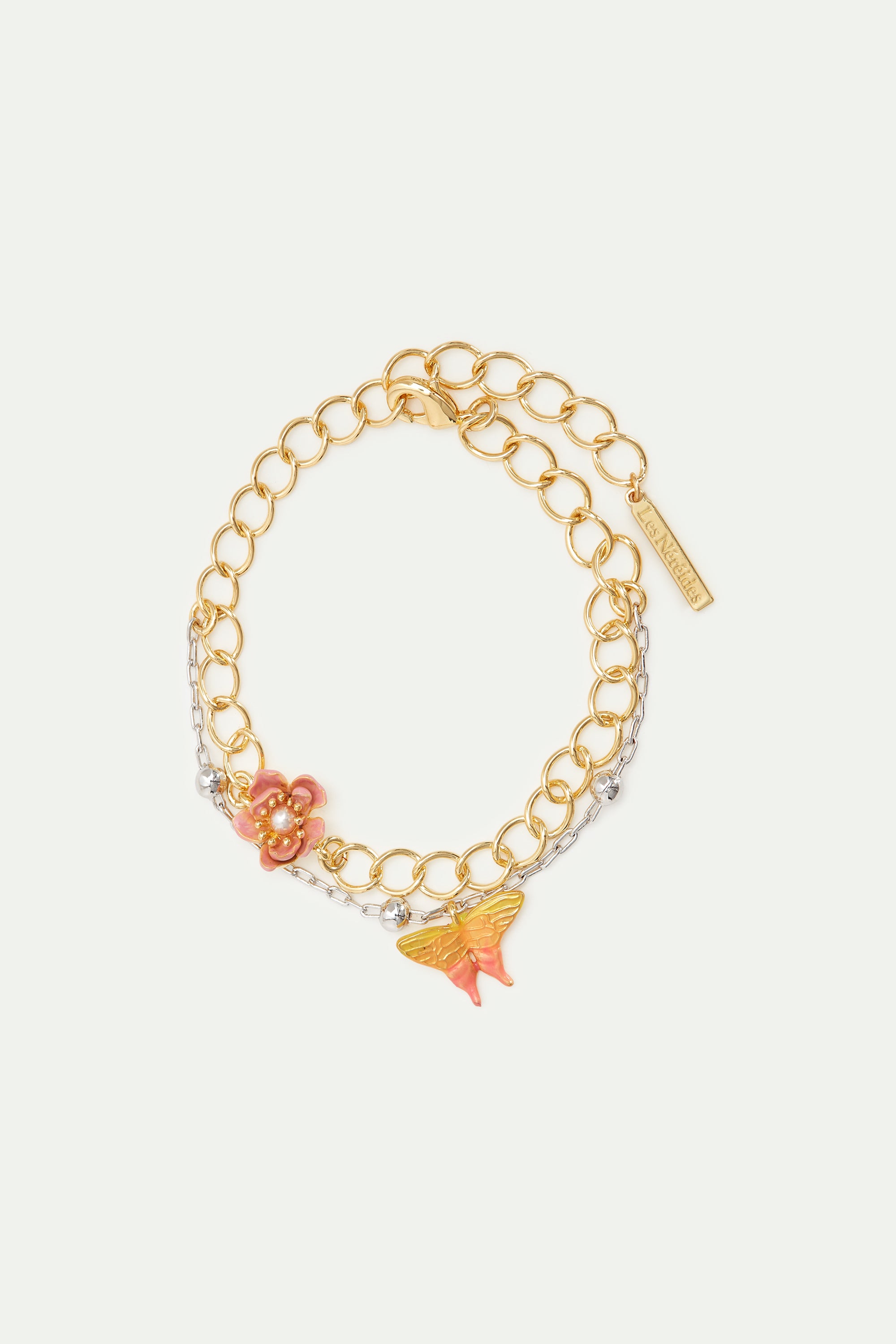 Two-tone double chain, magnolia flower and butterfly bracelet