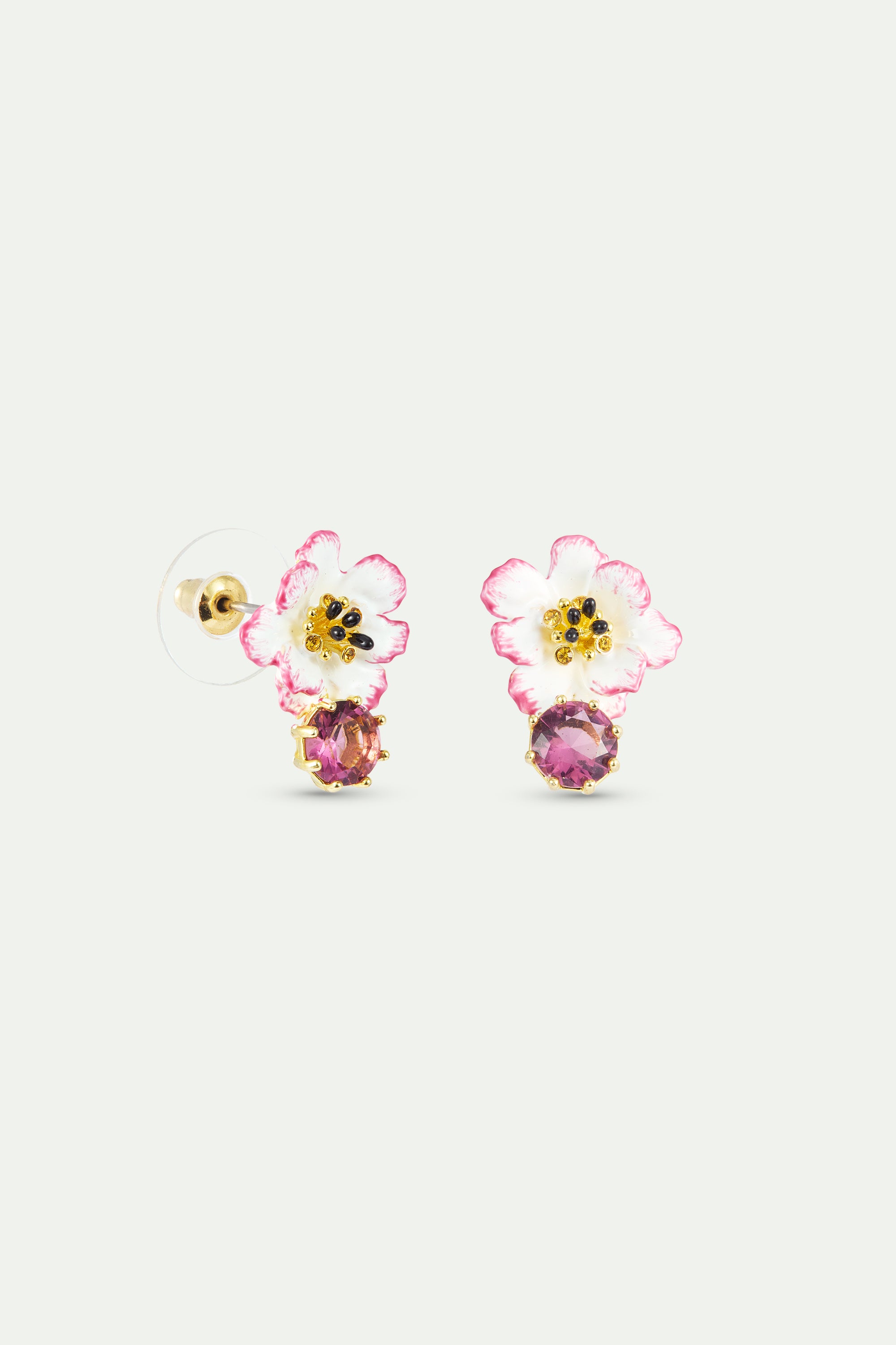 White and pink cosmos flower earrings with pink round stone
