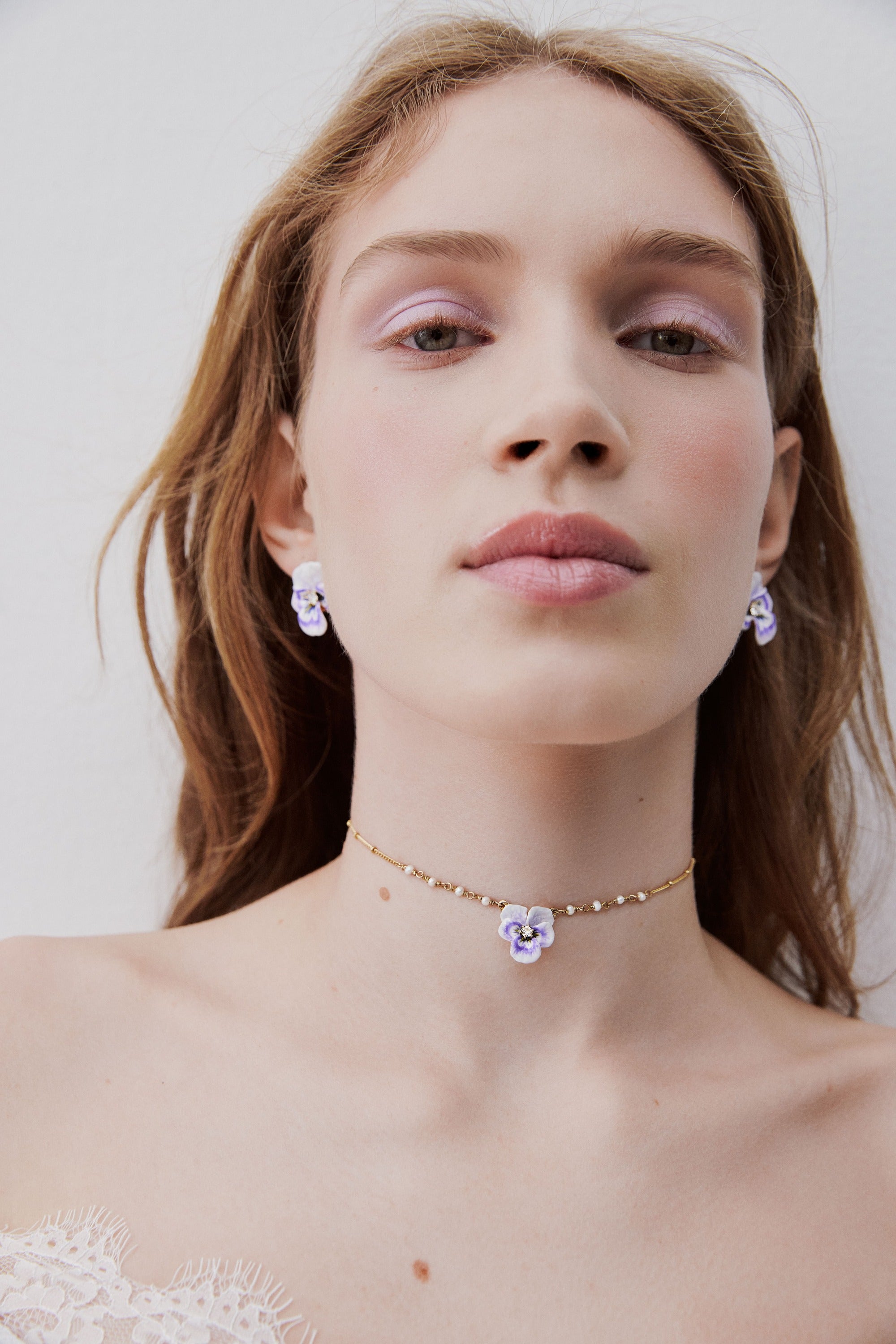 Purple pansy and cut crystal necklace